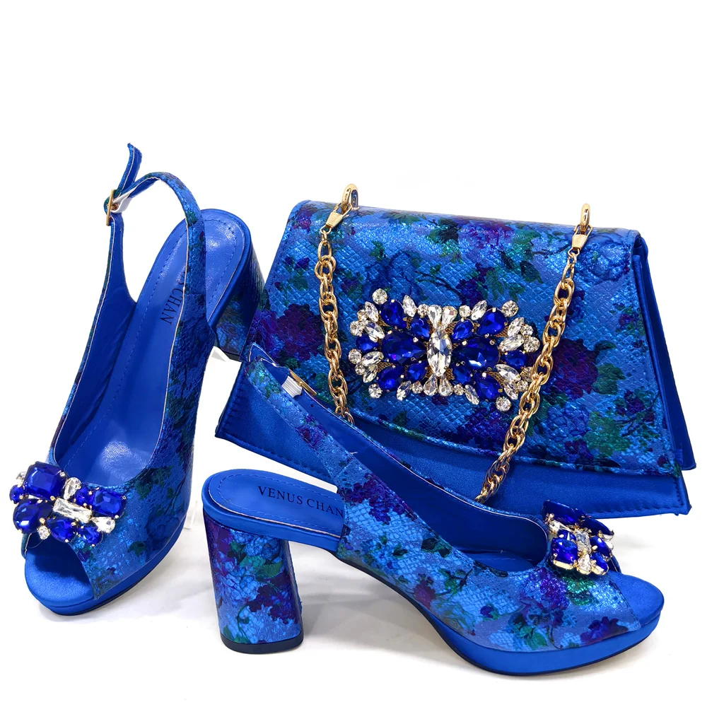 2024 Blue Color Open Toed Shoes Rhinestones Design Ladies Shoes Matching Bag Set For Women Wedding Party