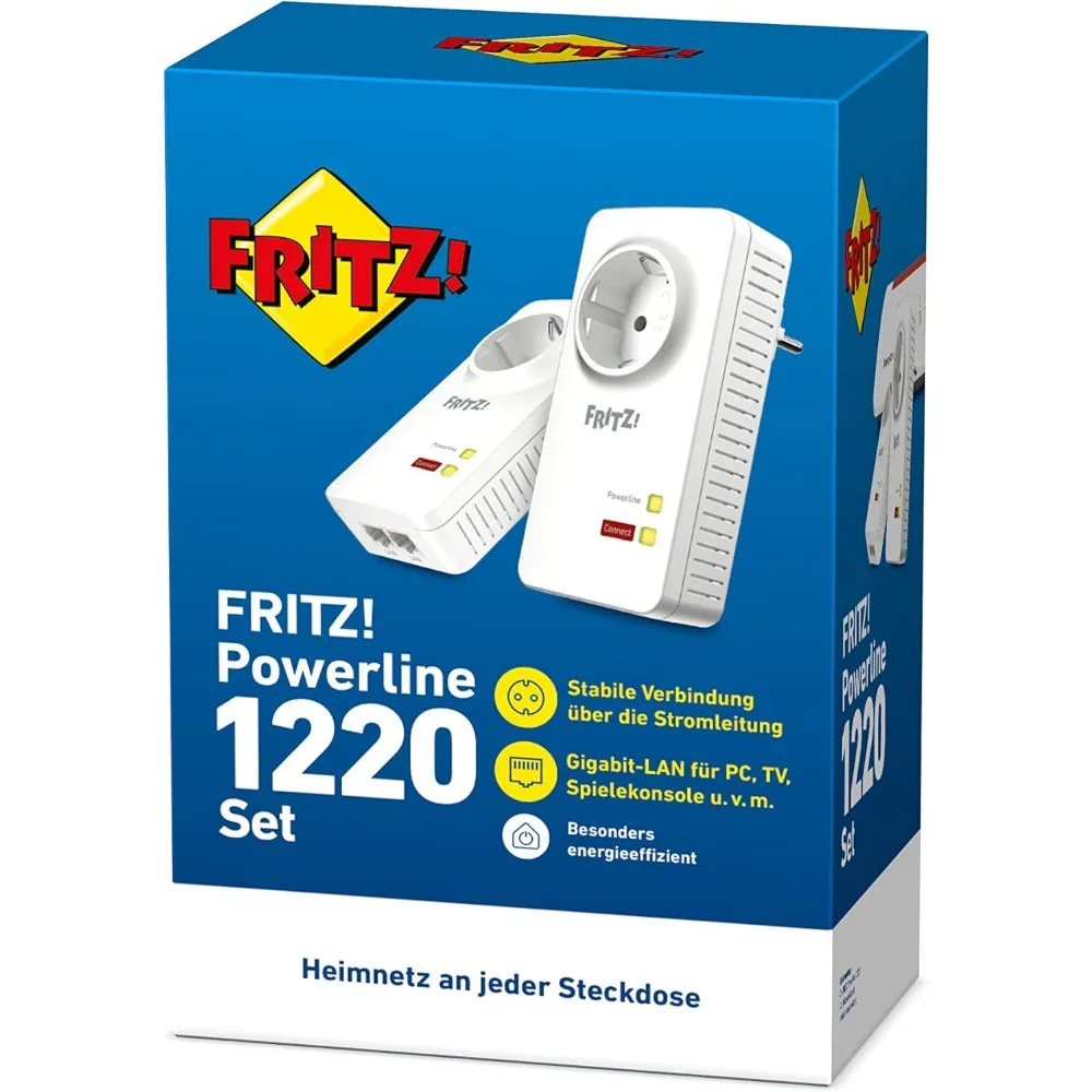 فريتز! مجموعة Powerline 1220E (1,200 ميجابت في الثانية، 2x جيجابت LAN لكل محول، مثالية لتطبيقات NAS والبث عالي الدقة،