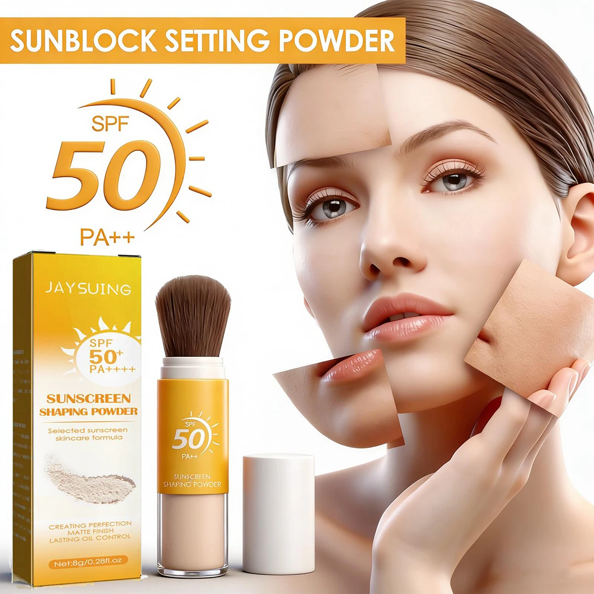Natural Matte Face Powder Mineral Sunscreen Setting Powder Makeup, SPF 50 Soft Brush Powder Long-Lasting Lightweight Oil Control