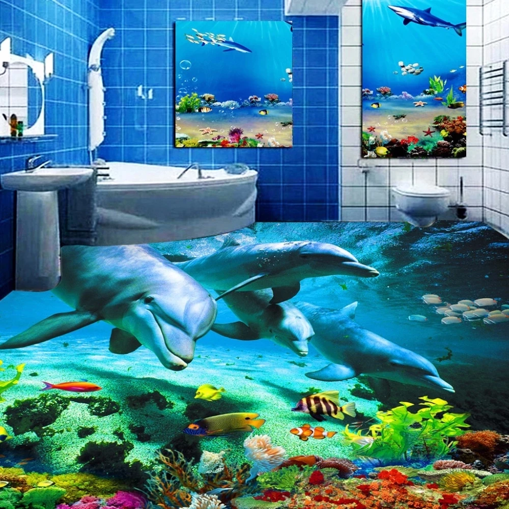 Custom Photo 3D Floor Sticker Ocean World Dolphin Toilets Bathroom Bedroom Floor Mural Self Adhesive Wallpaper Painting Modern