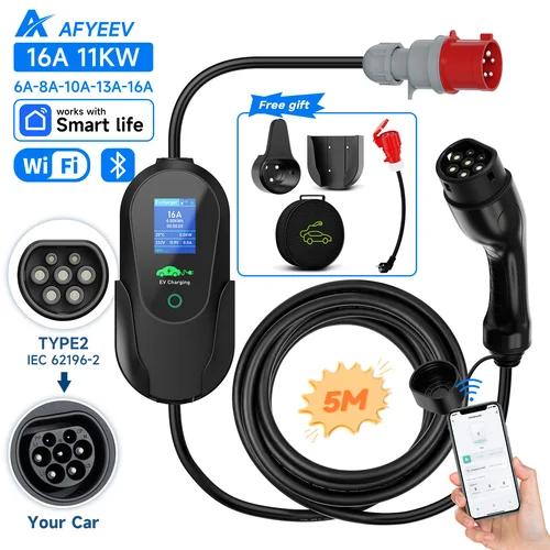 Afyeev-ポータブル電気自動車充電器,Wi-Fi付きEV充電器,アプリケーション,Bluetoothバージョン,リモコン,CEEプラグ,3相,タイプ2,11 kW,16A