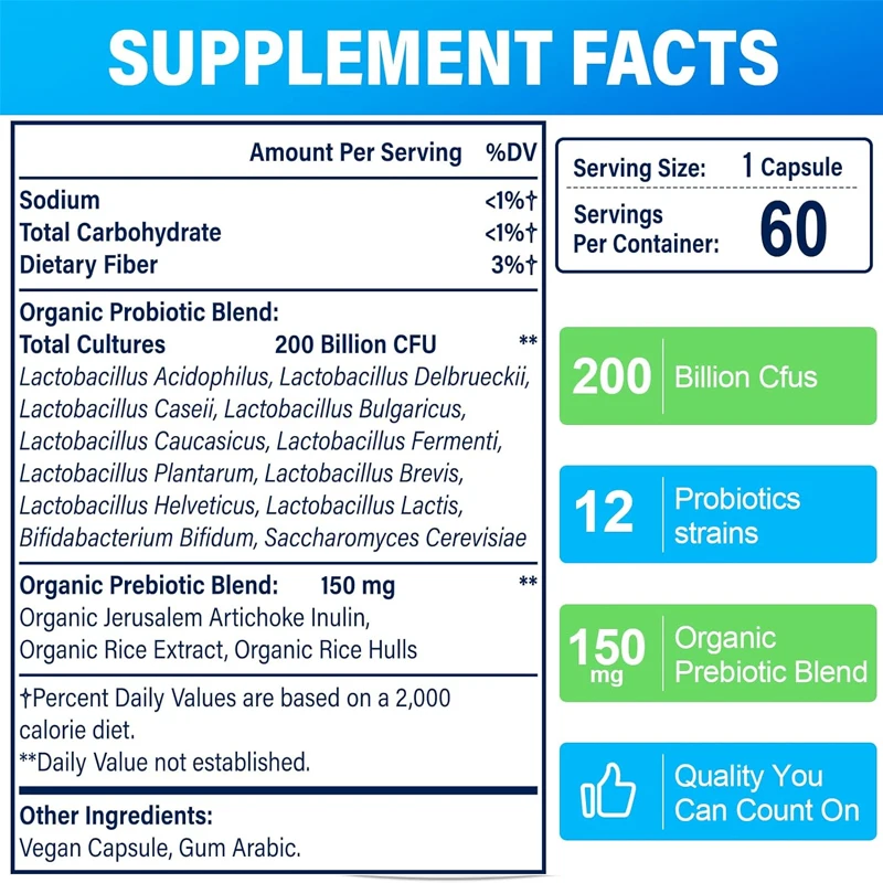 200 billion Cfus 12 probiotics - containing 3 prebiotics, supporting immunity, intestinal digestion health, shelf stability