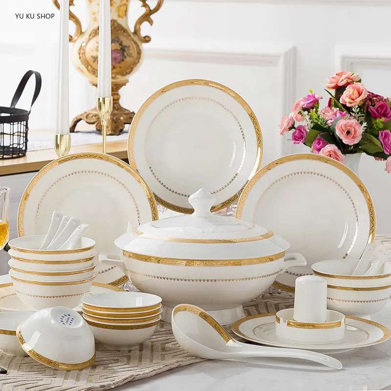 Bone China Tableware Set China Dinner Set Ceramic High-grade Phnom Penh Bowl Plate Western Food Plate Table Household Dishes