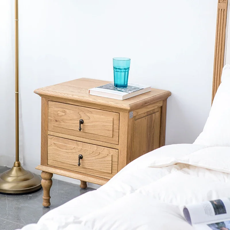 American-Style Solid Wood Distressed Bedside Table Two-Drawer Side Cabinet Oak Bedside Storage