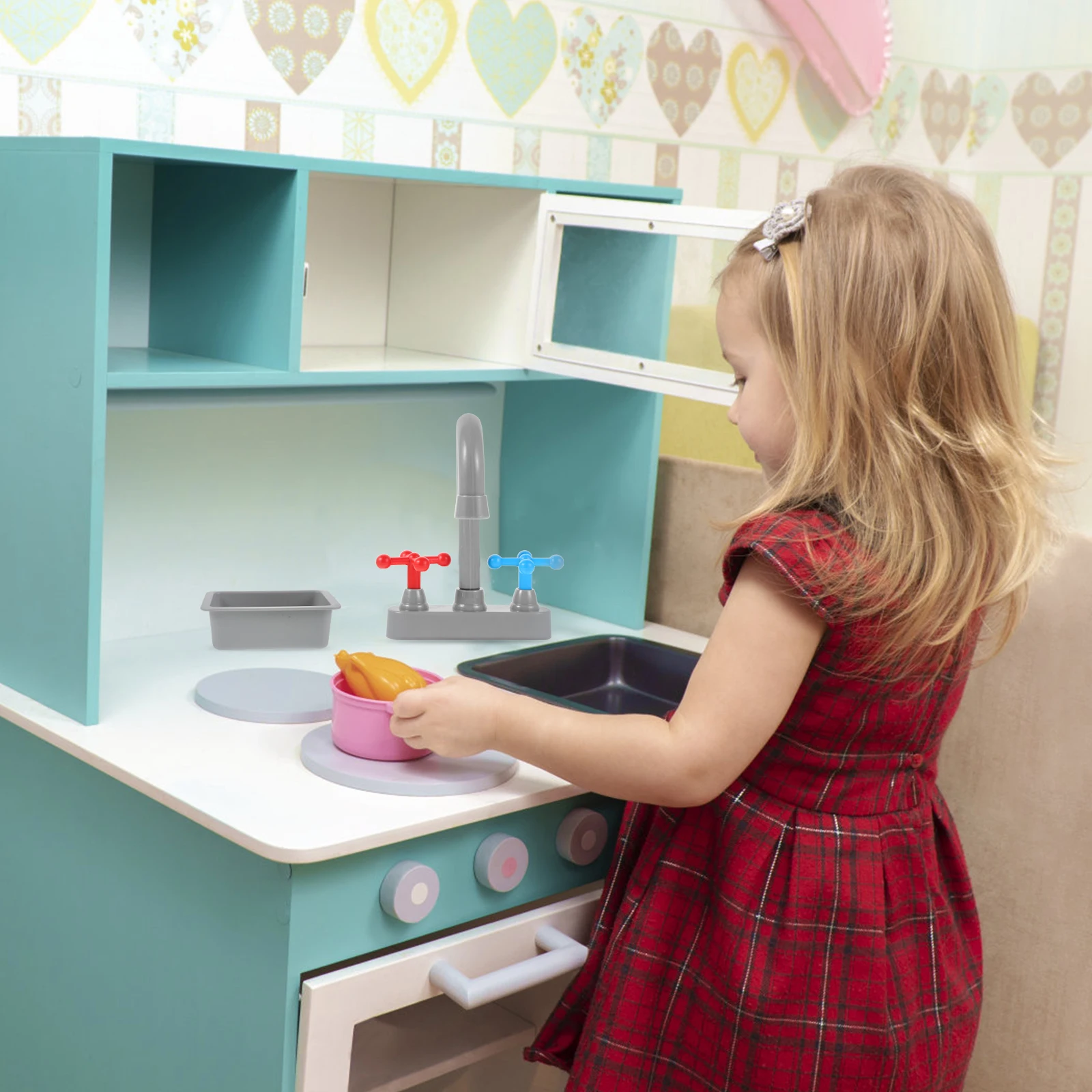 1Set Aanrecht Kraan Realistische Wastafel Wassen Rollenspel Accessoire Compact Kids Pretend Keukenapparatuur Kraan Wastafel Model