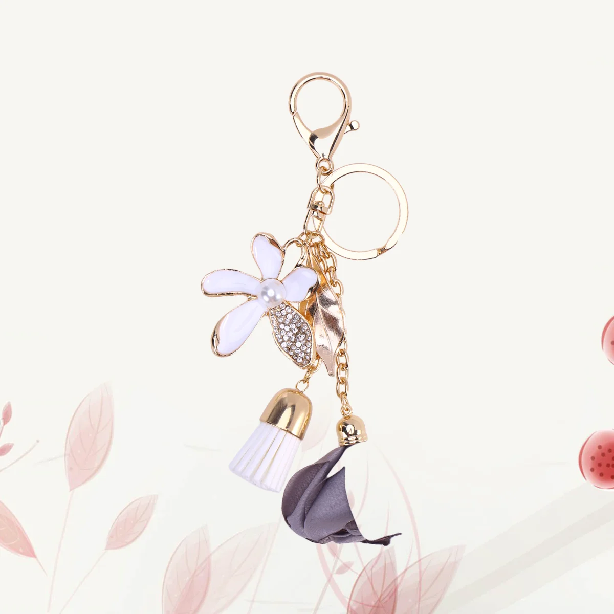 

Crystal Five-leaf Flower Car Keychain Cloth Flower Car Key Ring Tassel Leaves Key Chain Female Bags Pendant Accessories (Gray)