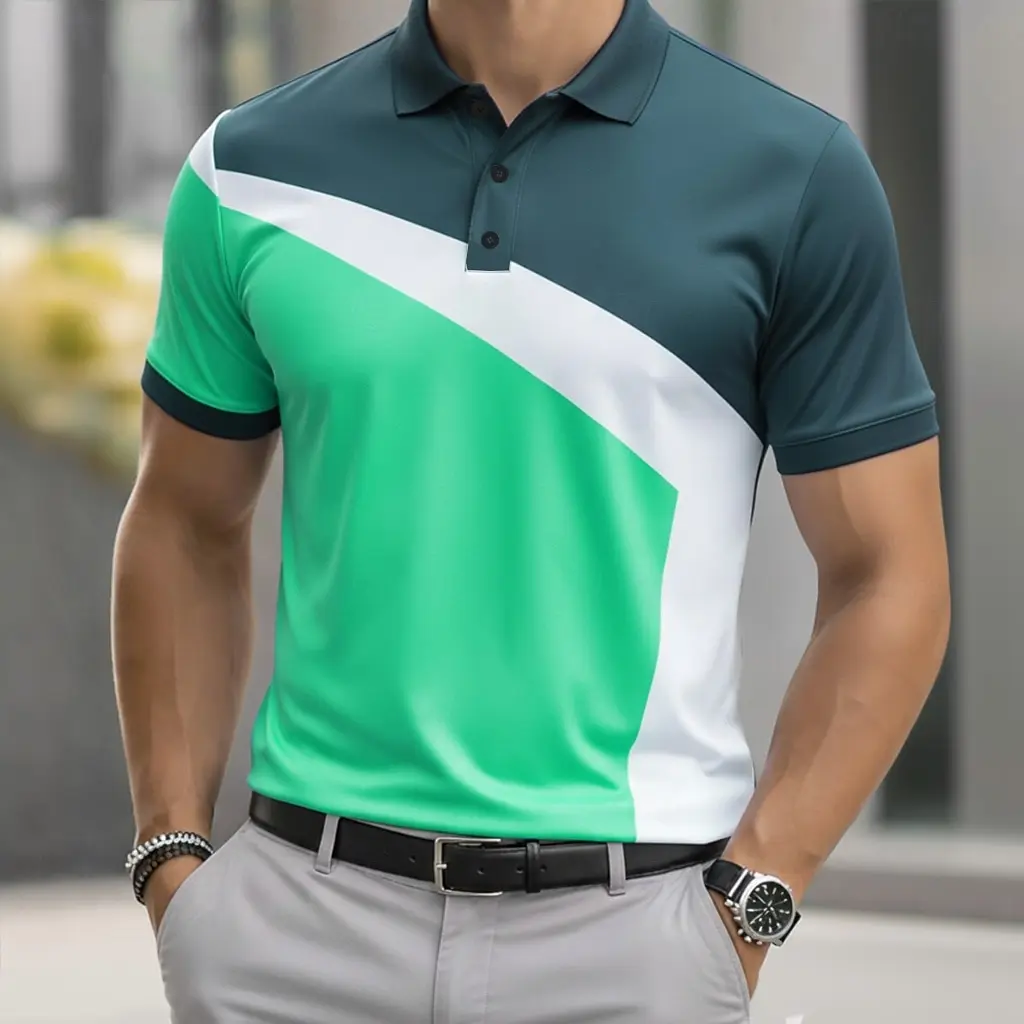 Men's Geometric Polo Shirts, Short Sleeve Collared Tops with Button Placket, Casual Athleisure Style for Summer Daily Wear