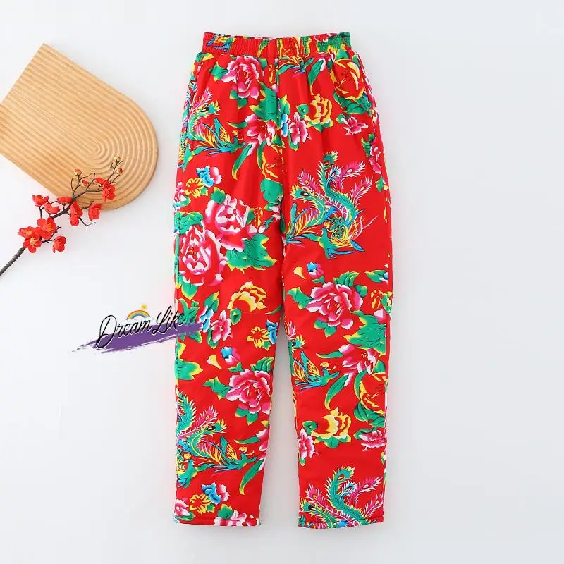 

Утепленные шелковые хлопковые брюки с высокой талией и широкими штанинами для женщин, зимние теплые брюки с цветочным принтом, прямого кроя, для дома и повседневной носки