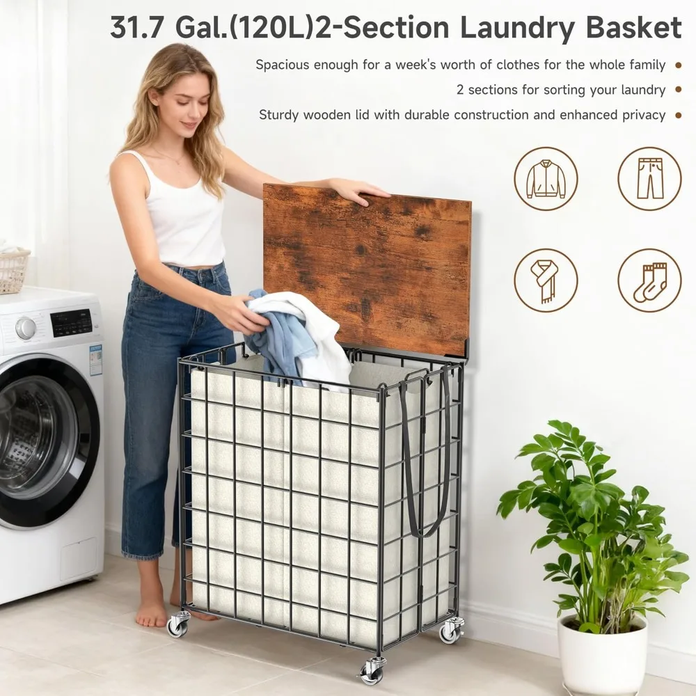 سلة غسيل دوارة شديدة التحمل مع فارز وسعة كبيرة، غطاء خشبي، عجلات 360 درجة لسهولة المناورة