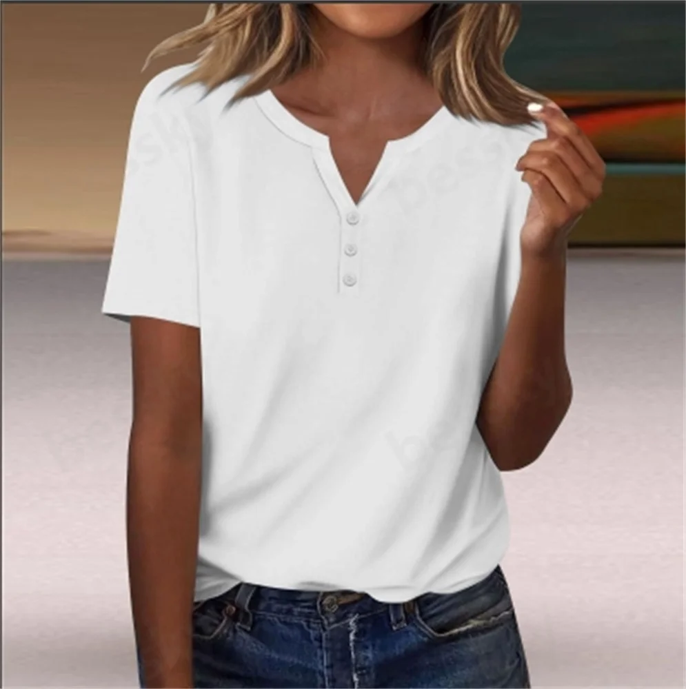 

Ladies' fashionable casual solid color button short sleeved top T-shirt