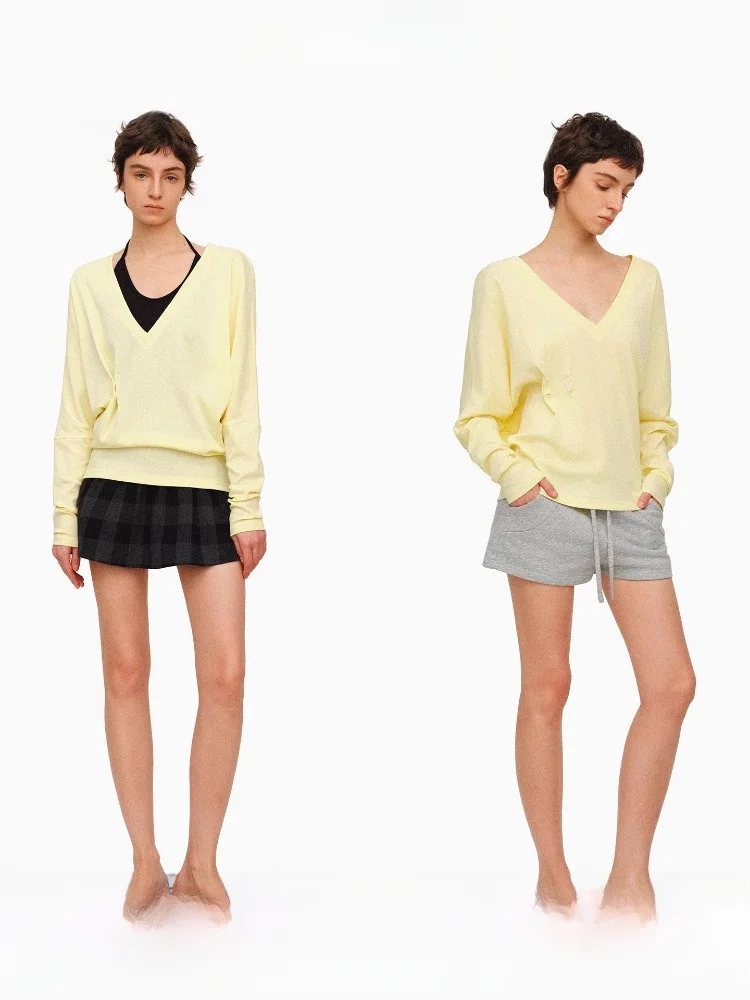 

Adjustable Waist V-Neck T-Shirt Chicken Yellow Atmosphere Feeling Loose Women's Spring Cotton Long Sleeve Crew Neck Top