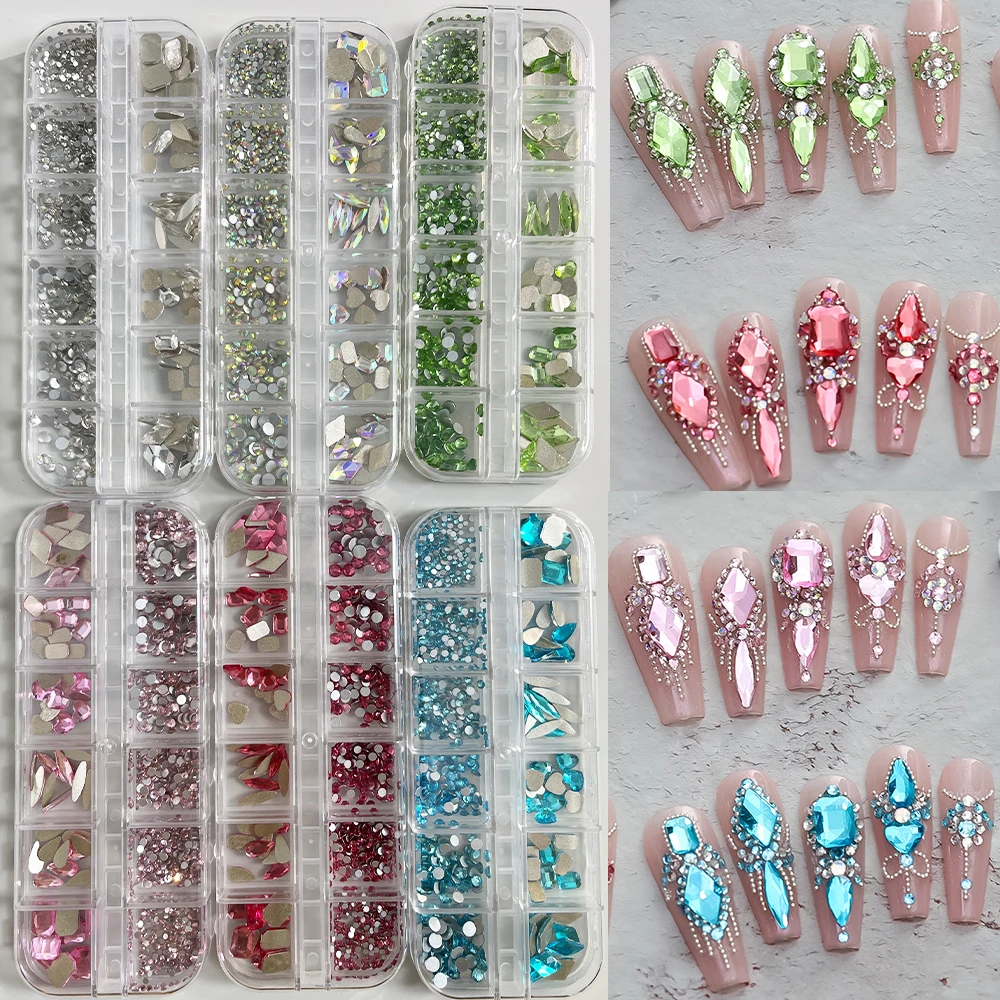 Vendita calda 12 Griglie Nail Art Strass Set di gioielli Multi-forme Colorate Flatback Charms per unghie Diamanti Accessori per unghie 3D