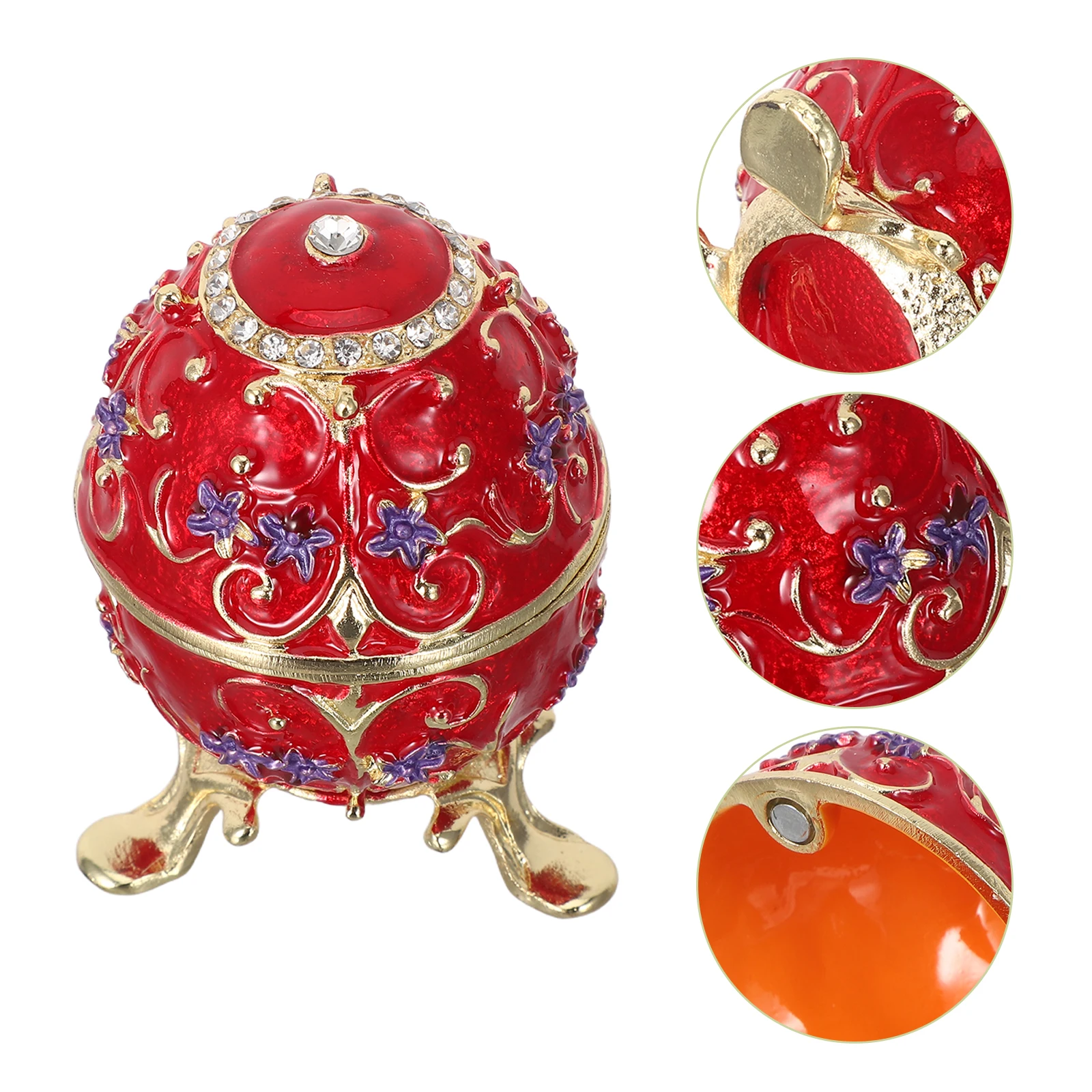 Vintage Russian Egg Jewelry Box Hand Painted Enamel Hinged Metal Trinket Box Mini Jewelry Organizer Small Ring Holder