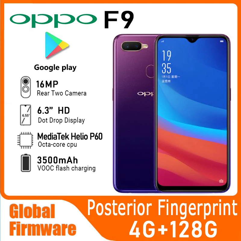 OPPO F9 휴대폰 글로벌 펌웨어 6.3 인치 MediaTek Helio P60 버전, 안드로이드 8.1, 4GB 128GB 후면 지문 중고 휴대폰 