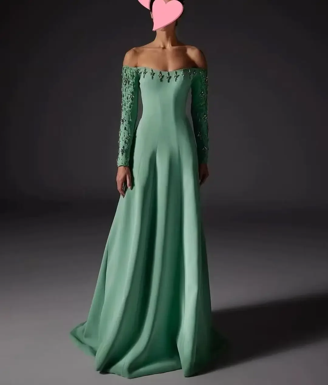 

Customized Luxury Crystal Sequined Jersey A-Line Off the Shoulder Evening Dress Delicate Long Sleeves Boat Neck Party Gowns