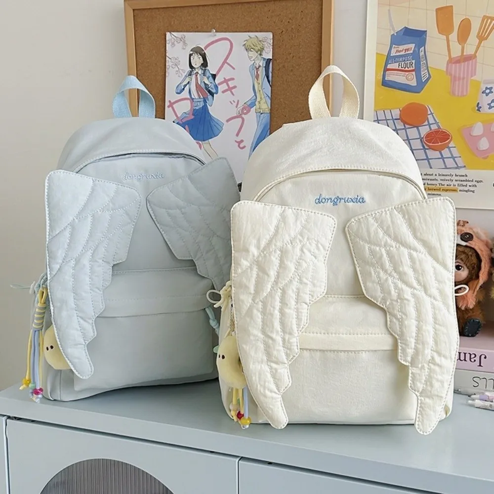 Versatile Angel Wing Backpack Solid Color Y2k Style Canvas Backpack Lightweight Embroidered Pattern Nylon Backpack