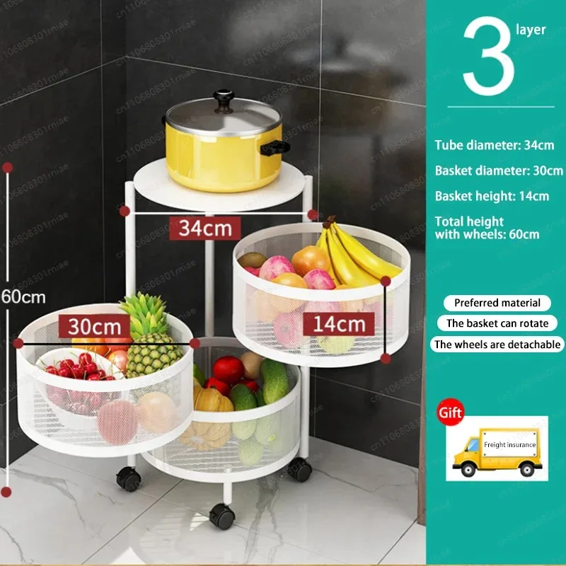 Multi-layer stainless steel storage basket with 360-degree rotating universal wheel for kitchen storage of vegetables and fruits
