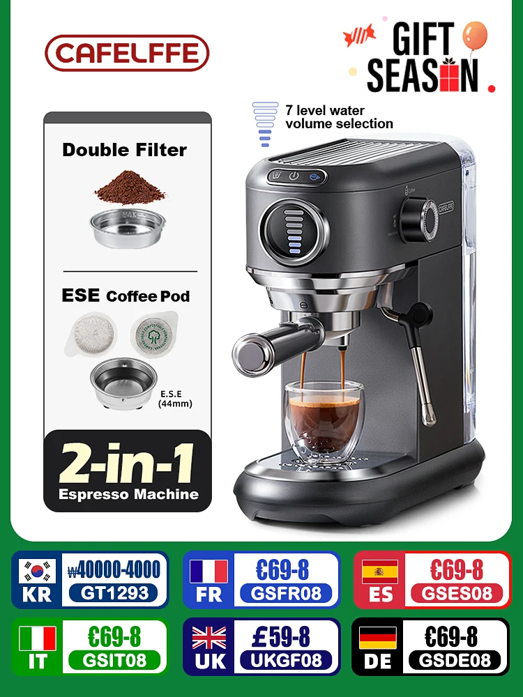 Cafelffe Coffee Maker 19Bar Inox Semi Automatic Super Slim ESE POD&Powder Espresso Cappuccino Machine Stainless Steel Cold/Hot