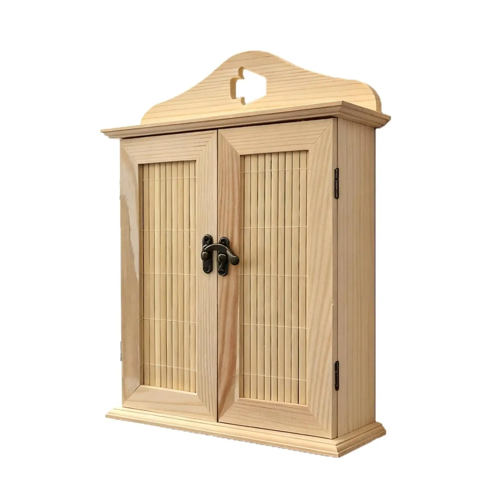 Rustic Wood Key Holder Wall Cabinet with Hinged Doors for Entryway Apartment and Hallway Decor