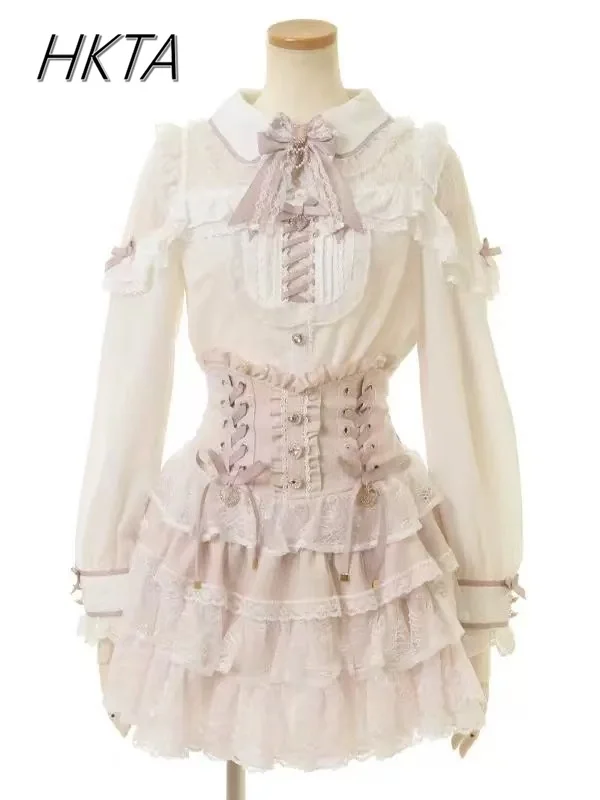 Liz Shirt Japanese Lolita Mass-produced High-waisted Mini Skirt Summer New Sweet Bow Lace Long Sleeve Blouse Skirt Women Outfit