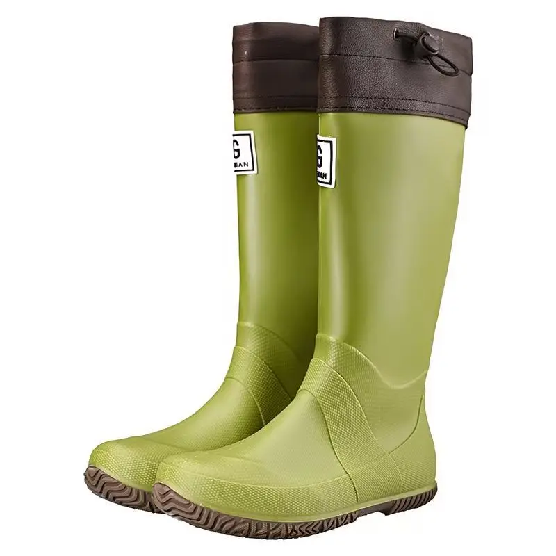 Men's Foldable Drawstring Knee High Low Heel Rain Boots Lovers Soft Sole Non Slip Waterproof High Top Water Shoes Work Shoes