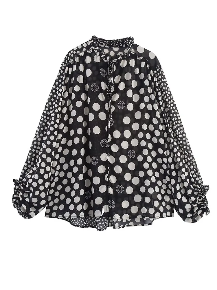 

Блузка в горошек для женщин, винтажная повседневная свободная рубашка с длинными рукавами и круглым вырезом с галстуком, офисная женская черная элегантная блузка, новинка 2023 года, весна