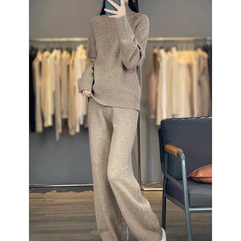 Conjunto de Suéter de Lana para Mujer, Jersey de Cuello Alto y Pantalones, Manga Raglán, Otoño Invierno, Holgado, Grueso, 100% Lana Merino