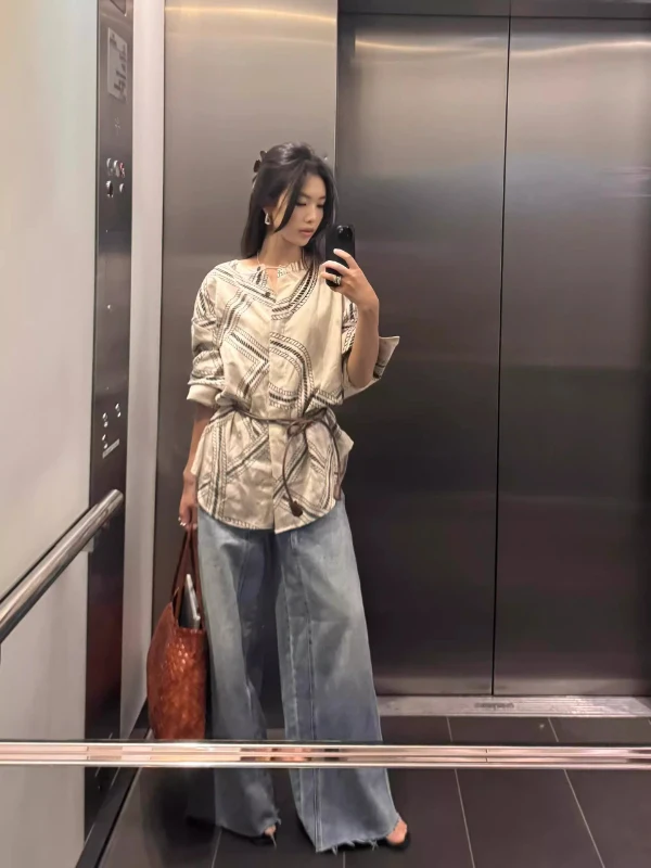 القطن الكتان طويل Sve irt المرأة ربيع الخريف فضفاضة عادية الطوطم طباعة irt خمر Sle مريحة للتنفس #1