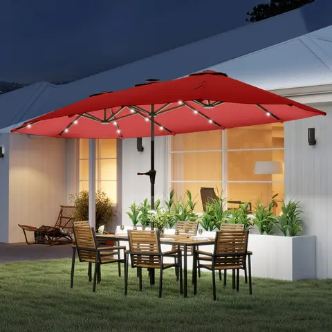 13' Double-Sided Patio Umbrella with Solar Lights and Crank, Wine Red