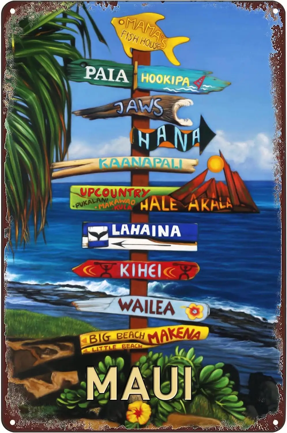 Vintage Metal Tin Signs - Beach Direction Sign All Ways Great on Maui Hawaiian Travel Poster - Wall Decor Plaque for Home B sign