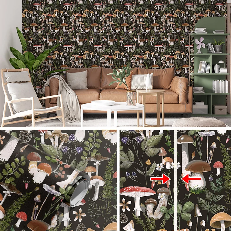 

Retro Wild Mushroom Dark PVC Wallpaper Vintage Peel And Stick Botanical Wall Decor Waterproof Furniture Cabinet Sticker