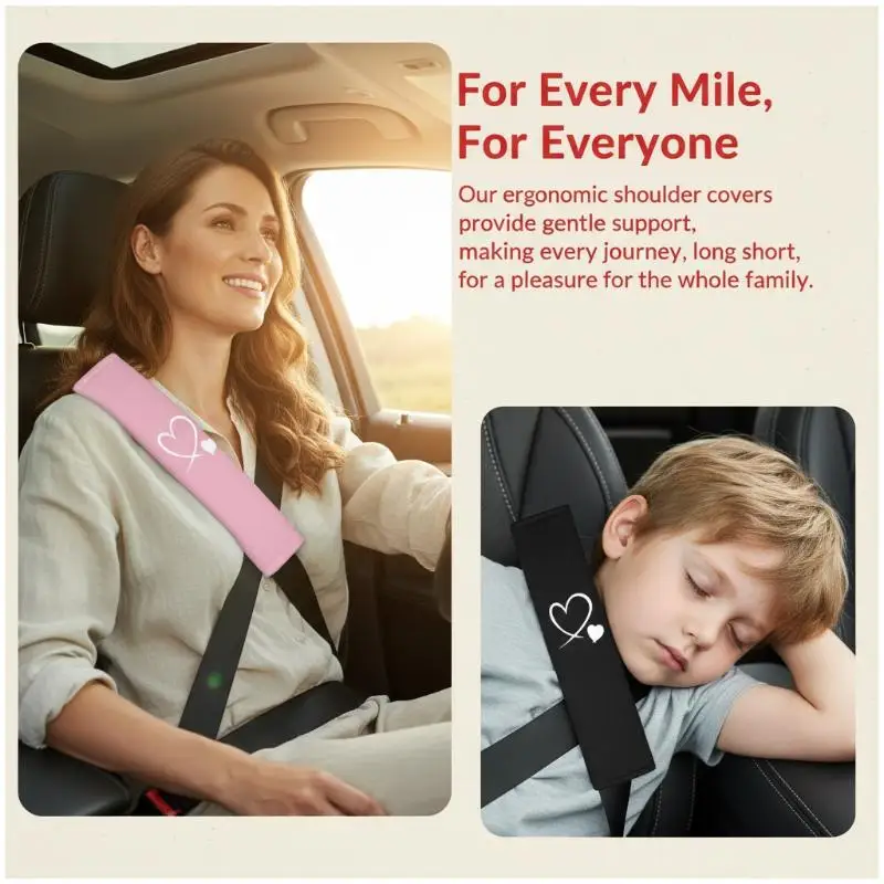 1/2PCS Soft Breathable Car Seat Belt Shoulder Pads Heart Embroidered Easy Install for Long Drive Road Trip
