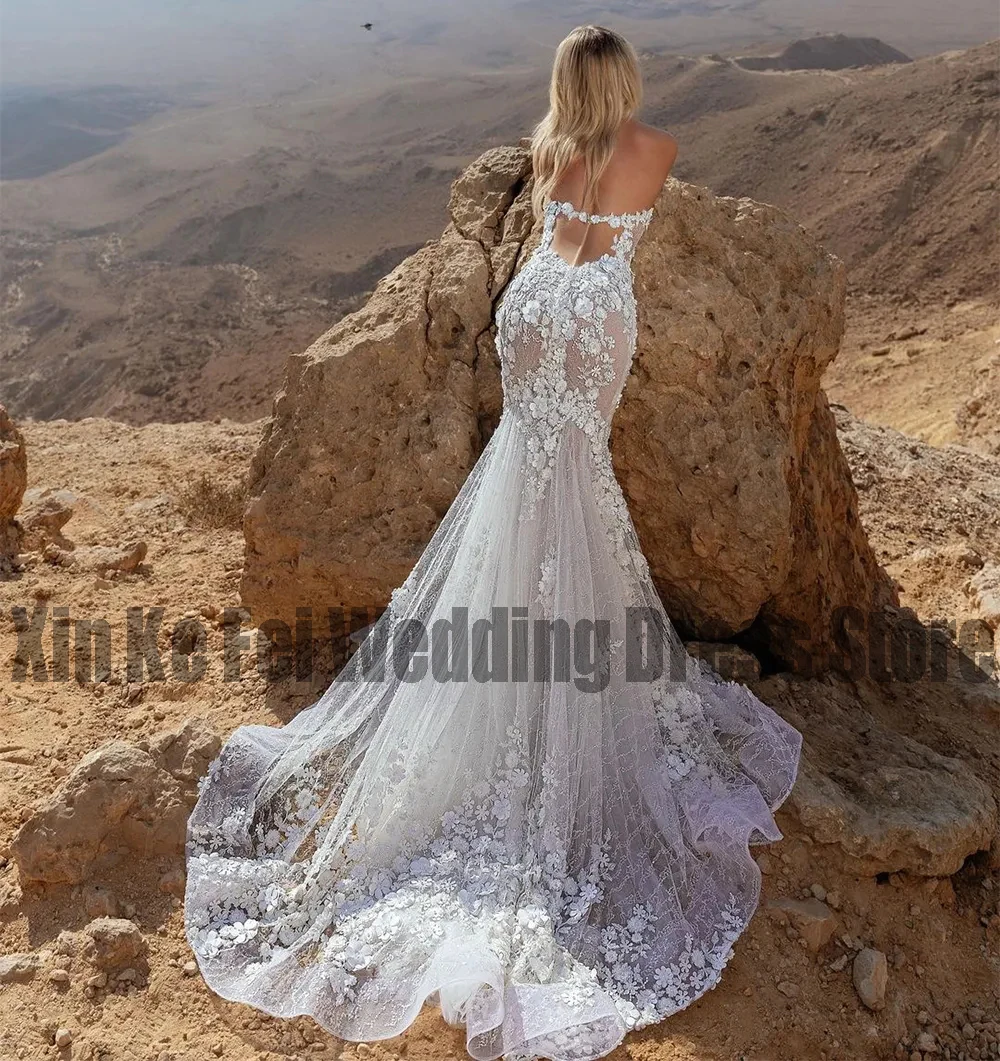 Vestidos de novia bohemios de sirena Sexy para mujer, sin mangas con hombros descubiertos vestido de novia, apliques de tul de princesa, tren de corte de encaje