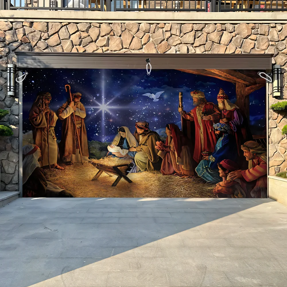 

Nativity Scene Garage Door Banner, Christian Design Banner Garage Door Decor, 157x68 inches Polyester Fadeless Machine Washable