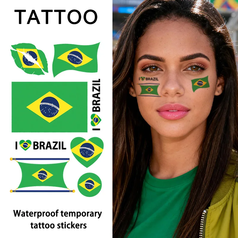 

Временная татуировка-наклейка с флагом Бразилии, долговечная и водонепроницаемая, для фестивалей, футбола, фанатов футбола, наклейки на лицо, руки, тело.