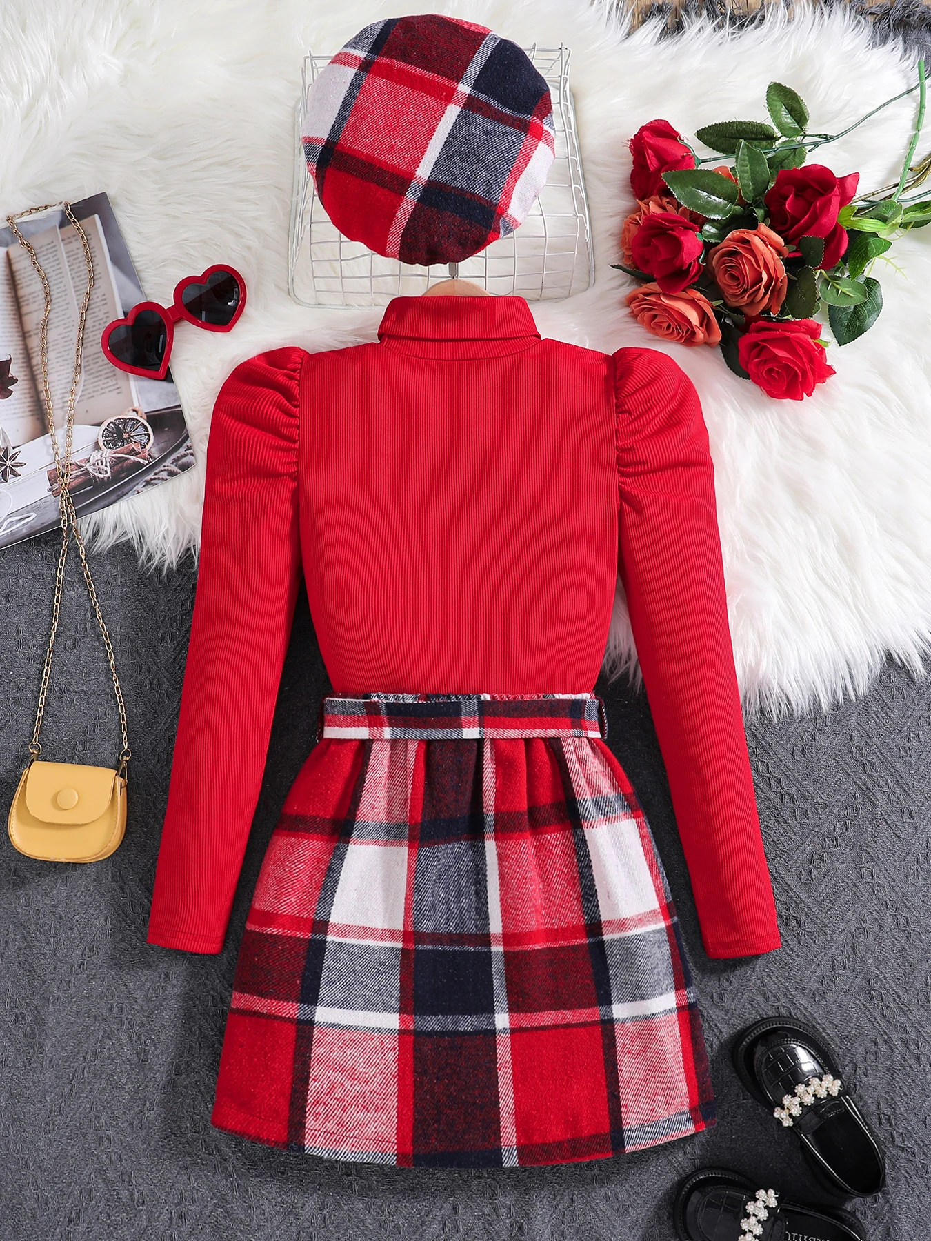 Girls fashion girls spring and autumn new suit red high neck bubble long sleeve red plaid skirt + hat 3 piece set