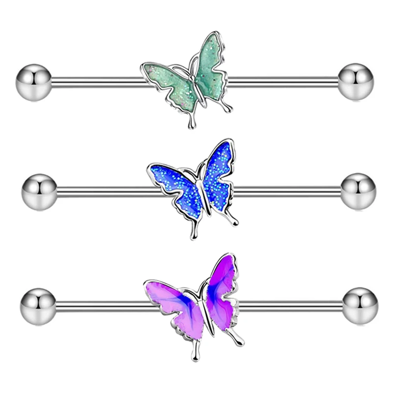 wholesales 3 colors butterfly industrial piercing stainless steel 14g industrial barbell earrings 50pcs factory cheap price 38mm