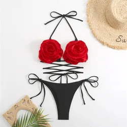 Red 3D Flower String Halter Micro Bikini Thong 2025 Sexy Swimsuit Women Swimwear Bathing Suit Black Triangle Bikinis Sets Mujer