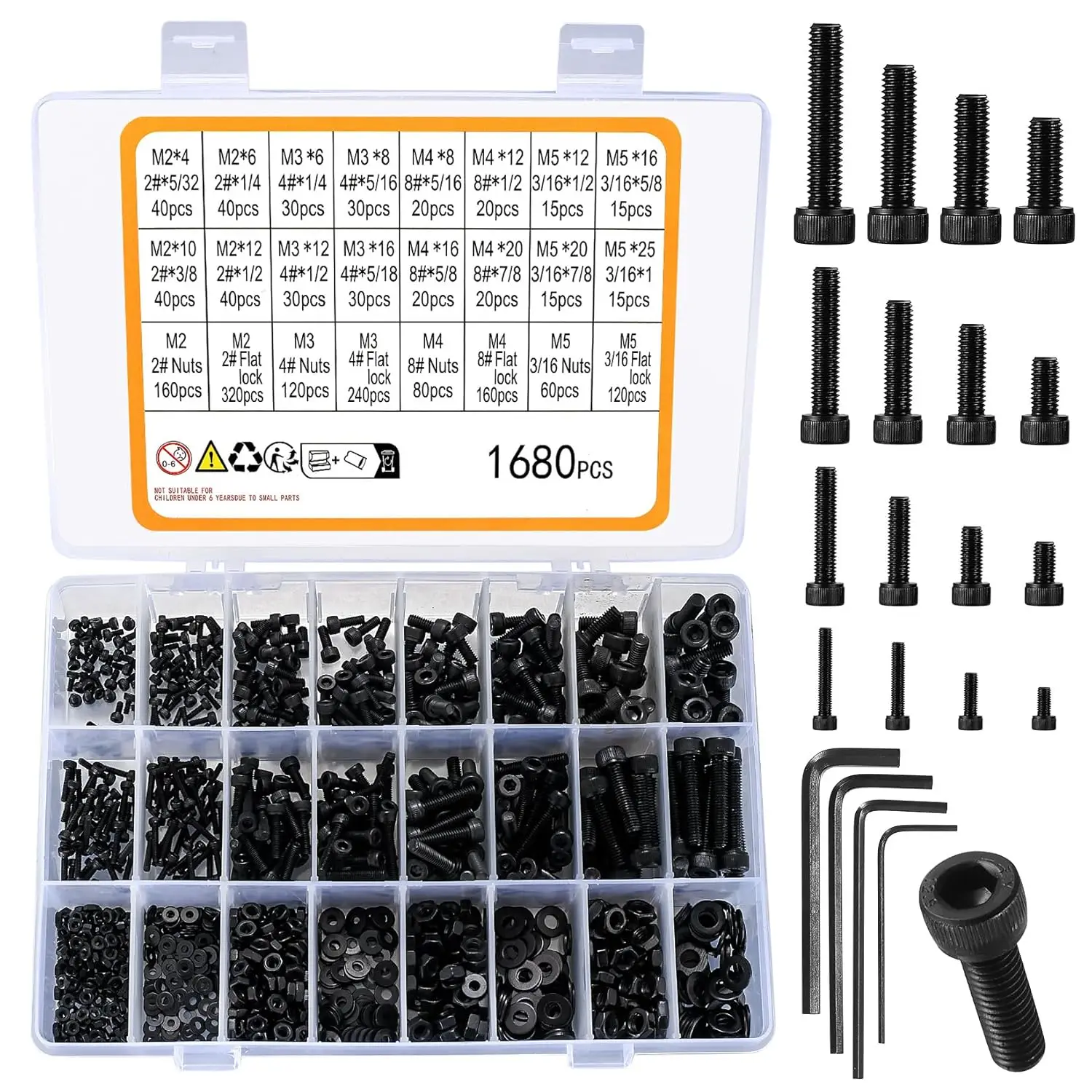 

1680 Pcs M2 M3 M4 M5 Metric Hex Head Bolts and Nuts and Washers Set, Alloy Steel Black Machine Screws Assortment Kit for Home