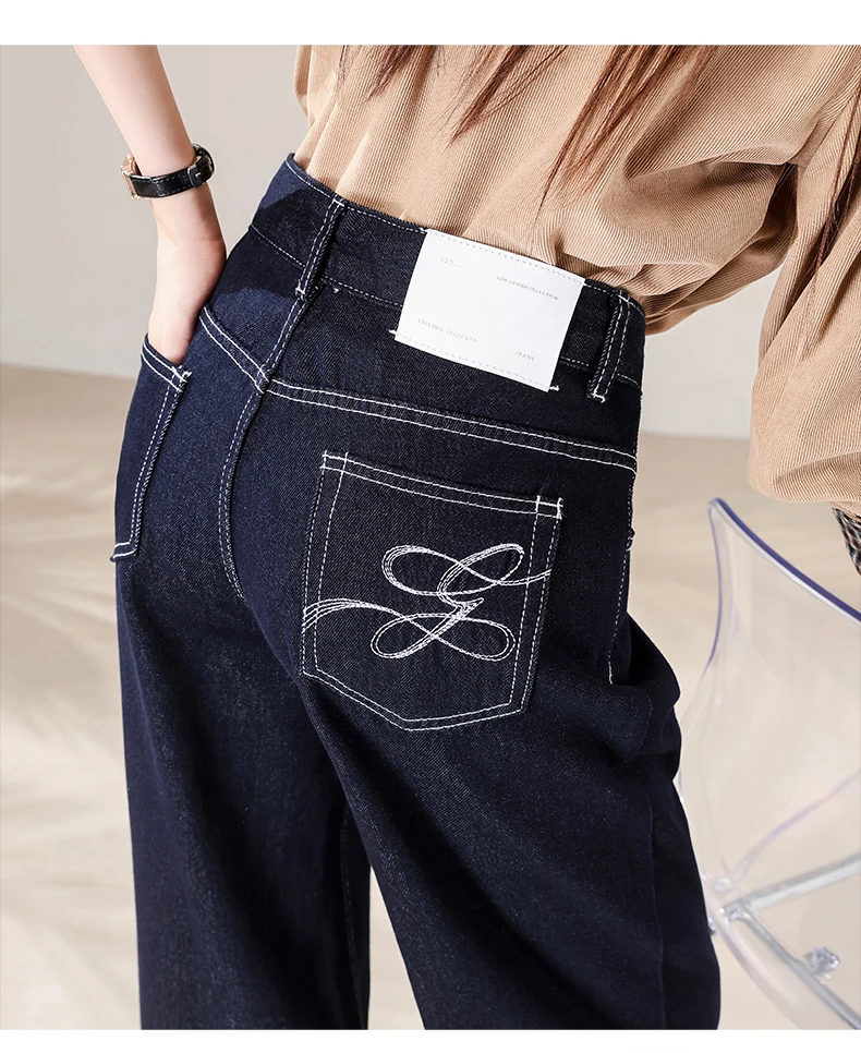 OIQERE Women's 2026 Autumn Dark Blue Retro High‑Grade Straight Jeans High Waist Loose Casual Wide Leg Floor‑Length Denim Pants