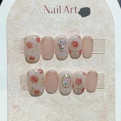 10Pcs Shiny Handmade Press On Nails Short Cute French Ballerina Full Cover Flower Design False Nails Manicure Wearable Nail Tips
