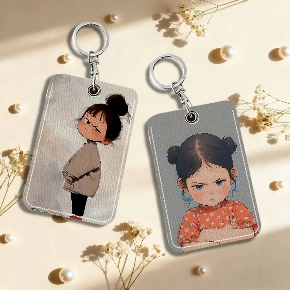 Cute Angry Little Girl Keyring Leather Access Card Holder Keychain Community Water Drop Proximity Card Protective Case