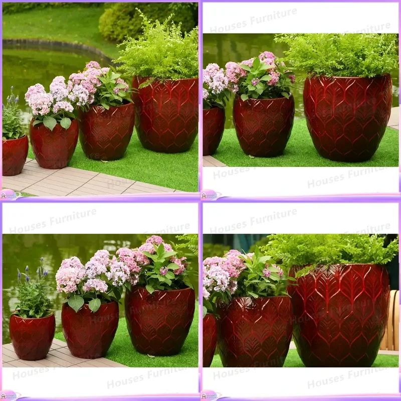 Large Modern Ceramic Garden Pot Glazed Floor to Ceiling Planter with Drain Holes Durable Indoor Outdoor Flower Pot Set of 4