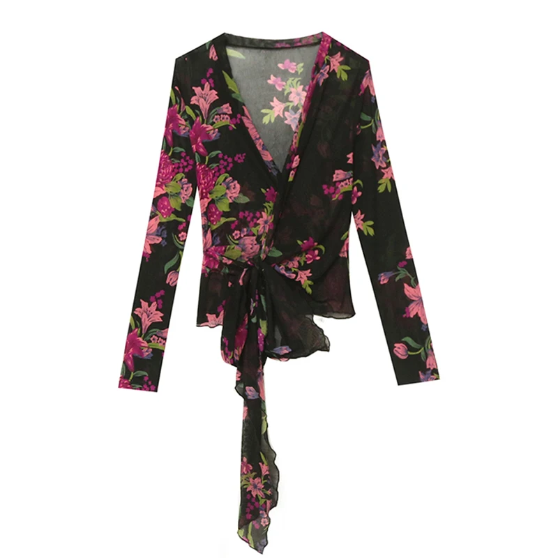 T-shirt lunga trasparente sexy V-Ne da donna Primavera Estate Stampa floreale Me Knot Stretto Versatile Pendolarismo Sle Top