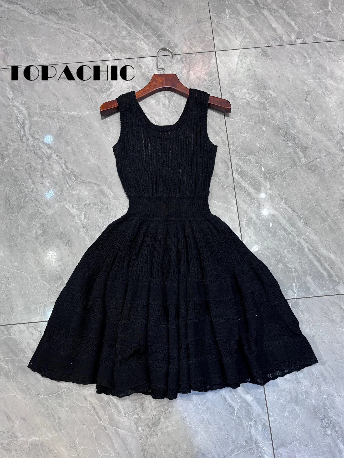 5.9 TOPACHIC Women Fashion Ribbed Jacquard Knit Dress Sweet Girl U-Neck Sleeveless Collect Waist Ball Gown Mini Dress Beltless