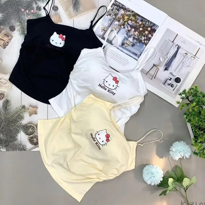 Sanrio Hello Kitty Canotta Y2K Canotte Ragazze Moda estiva Senza maniche Hot Girls Pettorina Design pieghettato Bottoming Look sottile
