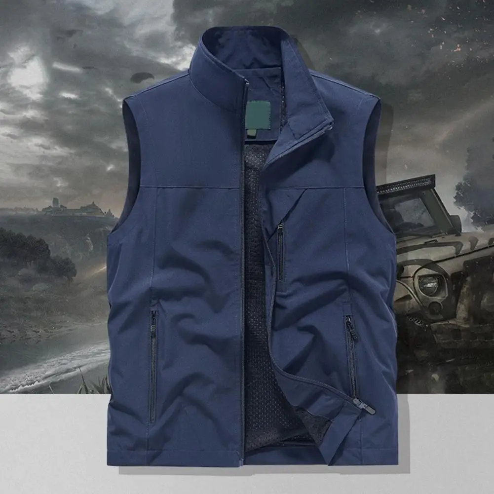 صدرية رجالية مع جيوب، سترة رجالية بياقة واقفة وسحاب مع جيوب، صدرية صيد خارجية بلون سادة للرجال النشطين