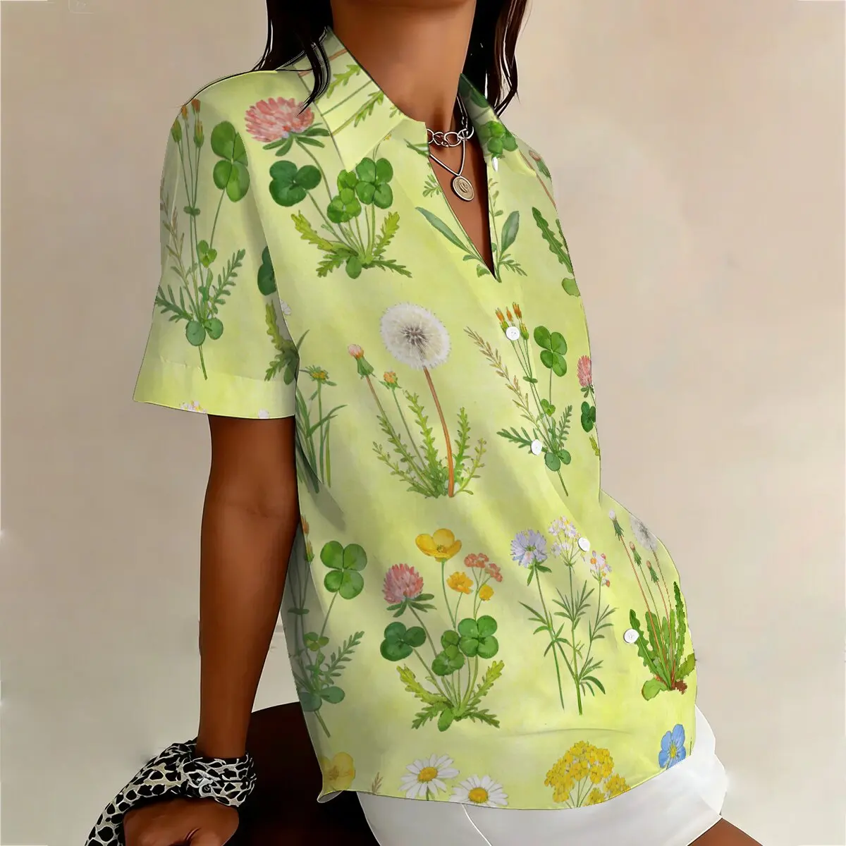 Women's Plus Size Summer Lapel Shirt with Fresh Forest Herbal Floral Print, Natural & Artistic, Ideal for Campus, Work & Casual view 3