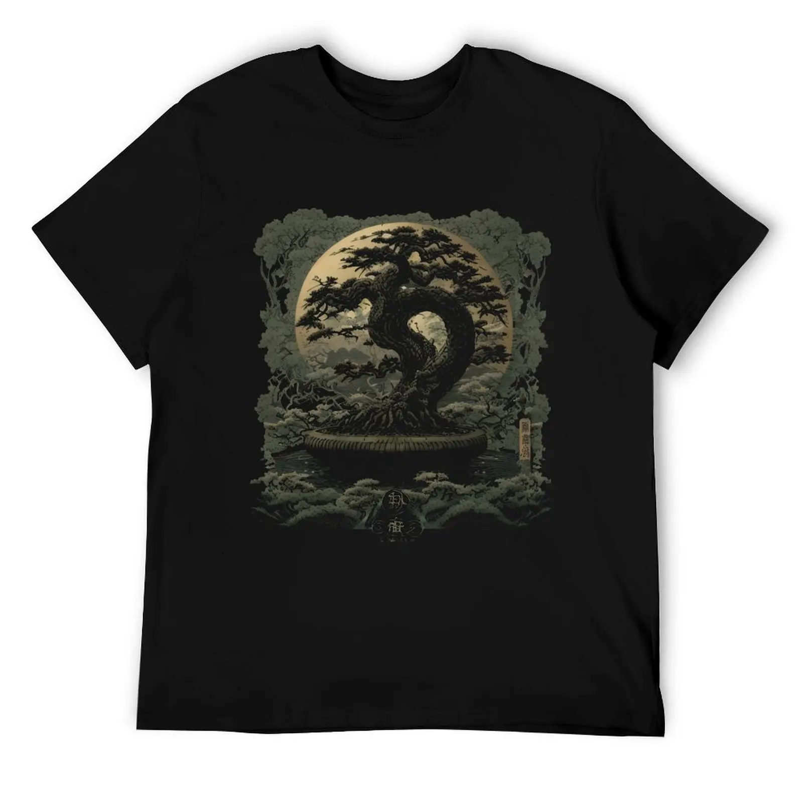 

Bonsai Tree and Moon - Japanese Traditional Artwork Drawing T-Shirt man t shirt summer man t shirts graphic T-Shirt