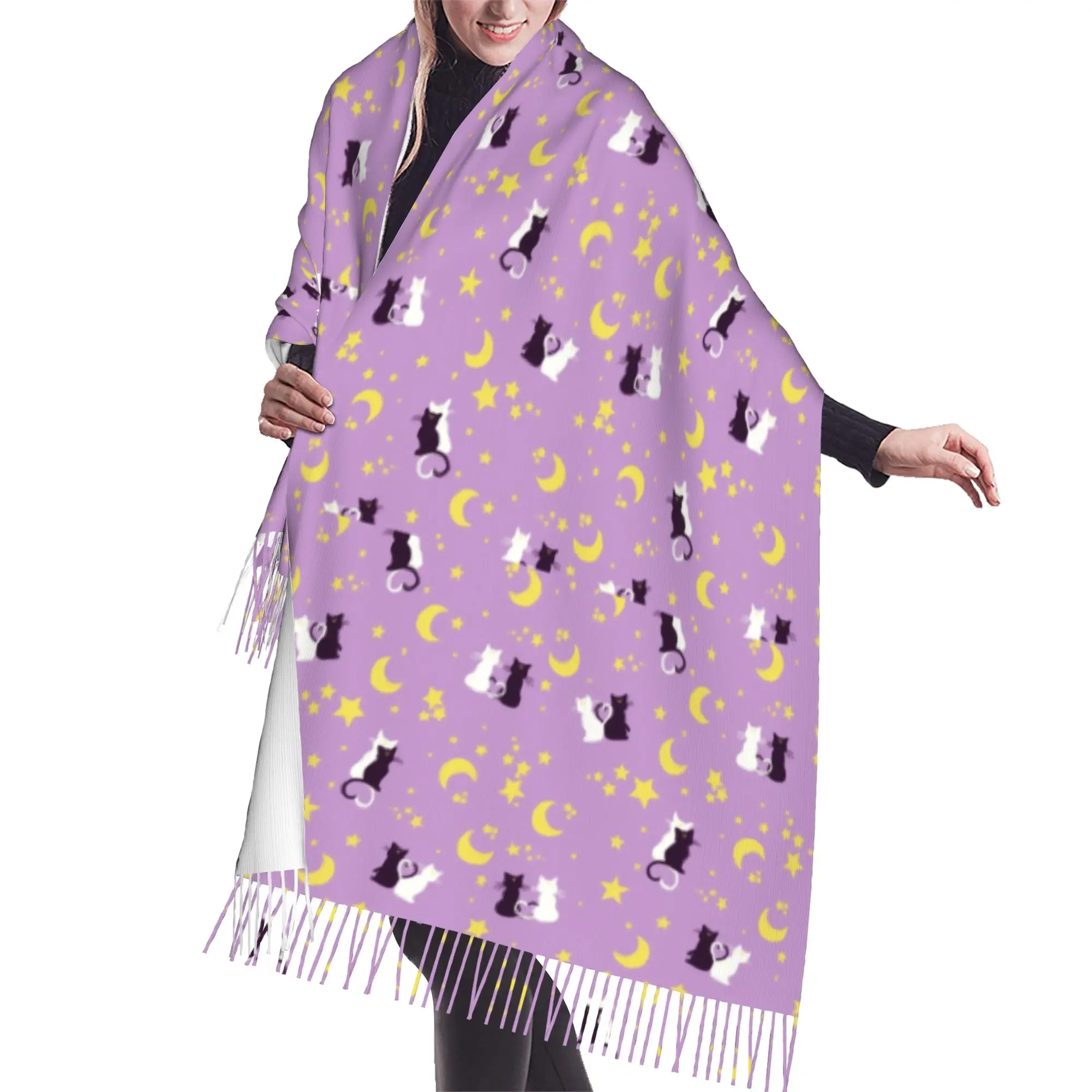 Custom Ladies Large Sailored Manga Anime Mooned Scarves Women Winter Fall Soft Warm Tassel Shawl Wraps Usagi Tsukino Luna Scarf